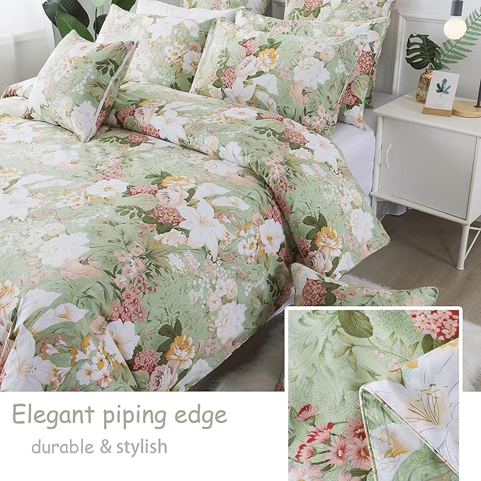 FADFAY Mint Green Floral Duvet Cover Set 100% Cotton Farmhouse Bedding Elegant Lily Print Botanical Bed Cover Countryside Girl Bedding 3 Piece King/Cal King(106x92)