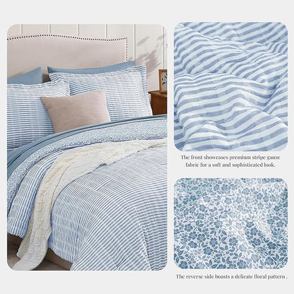 King Comforter Set - 7 Pieces Blue Gauze Muslin Bedding Sets for All Seasons, Lightweight Breathable Bed in a Bag King with Revesible Farmhouse Comforter, Sheets, Pillowcases & Shams