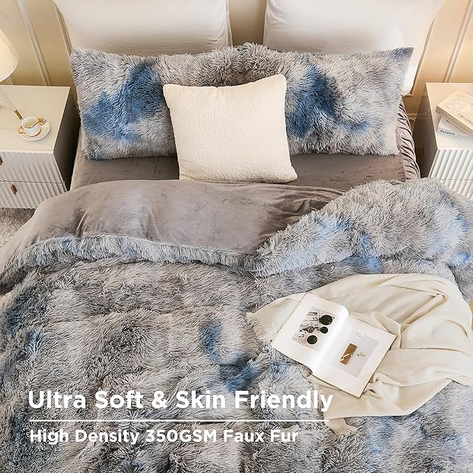 Andency Faux Fur Tie-Dyed Grey Blue Comforter Set Full Size, 3 Pieces Fluffy Fuzzy Plush Bedding Comforter Set (1 Shaggy Velvet Comforter & 2 Pillowcases), Soft Puffy Down Comforter Bedding Set