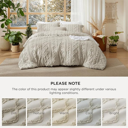 Bedsure Tufted Boho Comforter Set Twin Size - Linen Boho Bed Set, GentleSoft™ 2 Pieces Farmhouse Shabby Chic Embroidery Bedding, Gifts for Woman, Soft Jacquard Twin Comforter for All Seasons