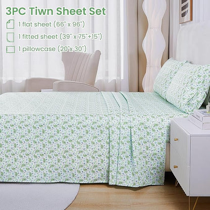 Softan Green Floral Twin Sheet Set, 3-Piece Cozy Botanical Microfiber Printed Fitted Bed Sheet with 15" Deep Pockets & Non-Slip Straps, Fresh Greenery Blooms Patterned Sheets & Pillowcase Set