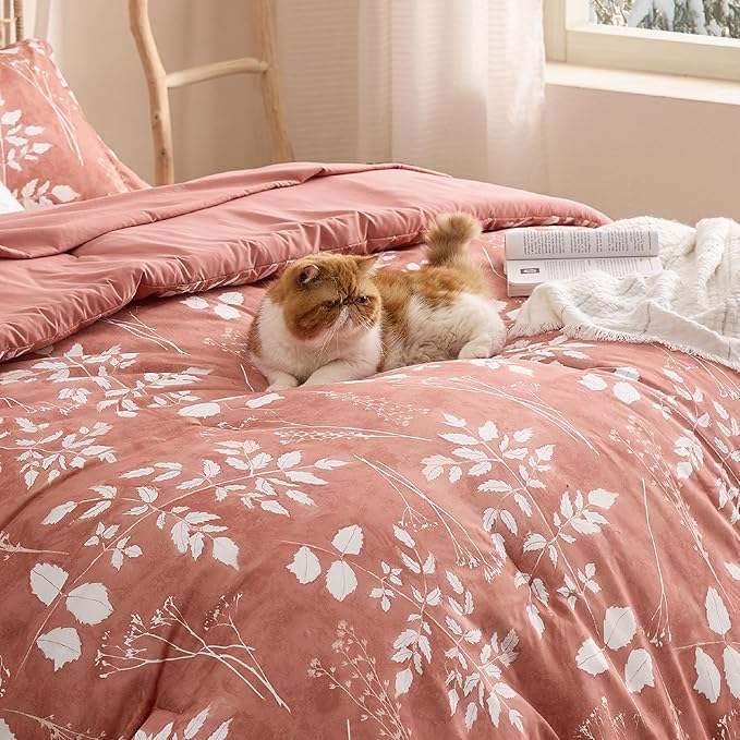 Bedsure Dusty Pink Full Comforter Set - 7 Pieces Floral Bedding Sets, Full Bed in a Bag with Reversible Botanical Flowers Comforter, Sheets, Pillowcases & Shams