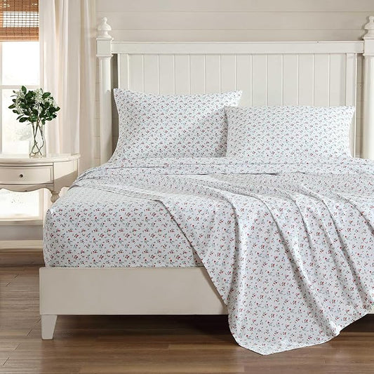 Laura Ashley - Twin XL Sheet Set, Super Soft Cotton Percale Bedding Set with Matching Sham, Oeko-Tex Certified (Aylesmore Ditsy Red, Twin XL)