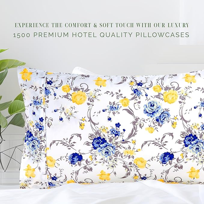 Elegant Comfort Ultra Soft Set of 2 Floral Print Pillowcases - 1500 Premium Hotel Quality Microfiber, Soft and Smooth Envelope Closure 2-Piece Pillow Covers - Standard/Queen, Gold Jenna