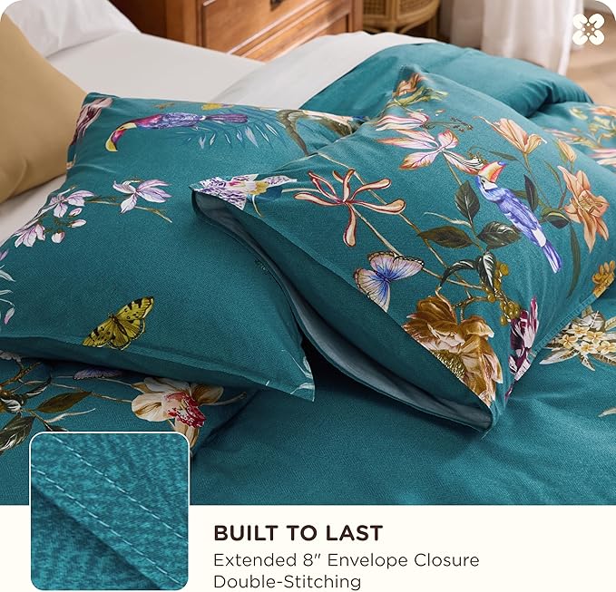 Bedsure Floral Duvet Cover King Size - 100% Cotton Reversible Vintage Teal Bird Duvet Cover Set, 3 Pieces Soft & Breathable PureWoven Bedding Set with 2 Pillow Shams (Chinoiserie Teal 104"x90")