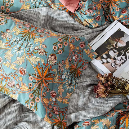 mixinni Vintage Style Garden Flower Duvet Cover Set with Zipper Closure Long Staple Percale Cotton Yellow Vibrant Pattern on Bedding Quilt Cover Set(California King, All Season)