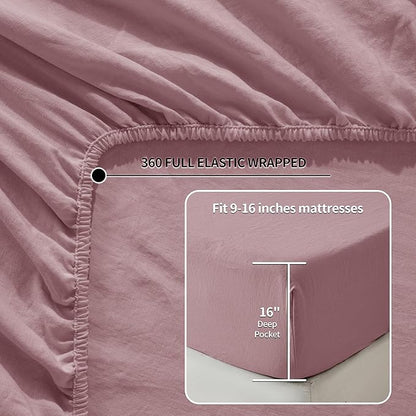 LBRO2M 100% Pure Linen Sheet Set Deep Pocket Up to 16" Bed Sheets Sets, Natural Flax Beddings Soft, Breathable, Comfortable for All Seasons 4 Pcs Sheet Set California King Size, Embroidery Purple