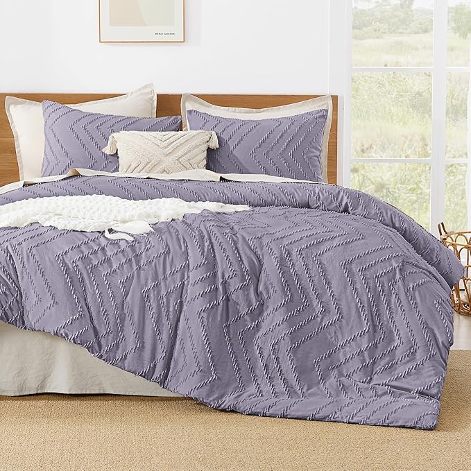 Litanika Purple Queen Size Comforter Sets, 3 Pieces Lightweight Chevron Tufted Bedding Comforter Set, Fluffy Down Alternative Comforter Bed Set Gift Choice (90x90In Comforter and 2 Pillowcases)