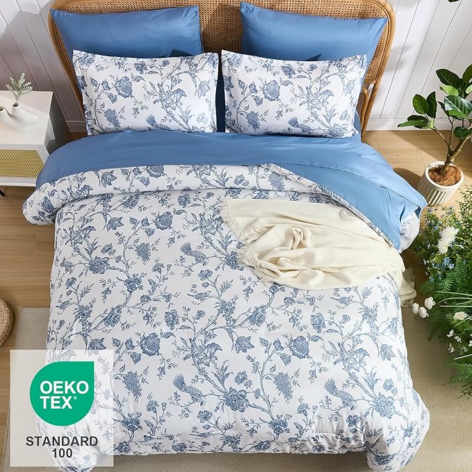 Luxudecor Floral Comforter Set King Size 7 Pieces, Blue Flower with Bird Bed in a Bag, Soft Reversible Comforter with Sheet Bed Set 104"x90"