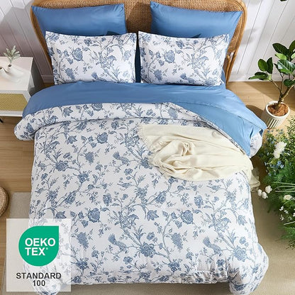Luxudecor Floral Comforter Set King Size 7 Pieces, Blue Flower with Bird Bed in a Bag, Soft Reversible Comforter with Sheet Bed Set 104"x90"