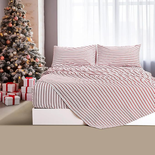 Best Season Burgundy Red Striped Sheets Set Full Size 4 Piece - Super Soft, Easy Care & Breathable Red and White Pinstripe Bed Sheet Set with 16-Inch Deep Pockets, Great Gift for Christmas & Birthday