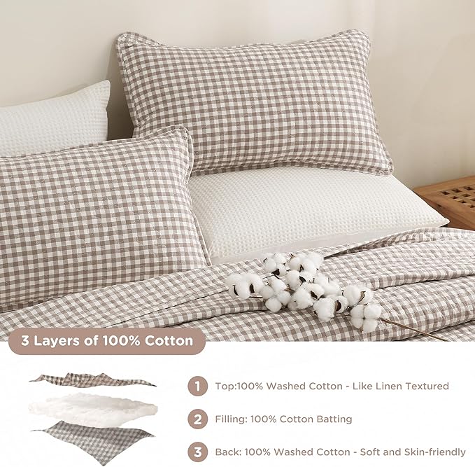 TOCOMOA Tan Gingham Quilt Bedding Set 100% Washed Cotton Bedspread Coverlet Like Linen Feel Soft Comfy Breathable 3 Piece Brown Plaid Checkered Lightweight Comforter Set for All Season, Queen 96"x90"