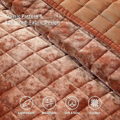 LEAONME Velvet Quilt King Size-98''x106'', Lightweight Burnt Orange Velvet Comforter Set with 2 Pillow Shams, Soft Bedspread Coverlet Quilted Bedding Set for All Season