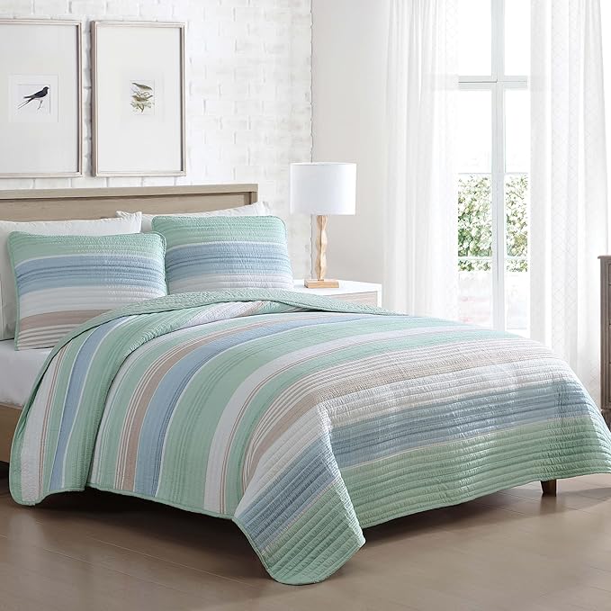 Beatrice Home Fashions Coralinn Striped 2-Piece Quilt Set, Lightweight, All-Seasons, Twin, Sage Blue