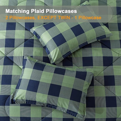 Andency Green Plaid Comforter Full(79x90Inch), 3 Pieces (1 Comforter, 2 Pillowcases) Buffalo Checkered Gingham Bed Set, Soft Geometric Bedding for Boys