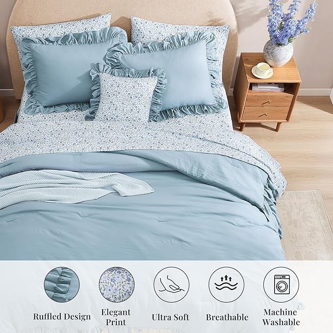 Oversized King Comforter Set - 7 Pieces Ruffle Blue Bedding Sets, Shabby Chic Farmhouse Bed in a Bag with Ruffle Comforter, Floral Sheets, Pillowcases & Shams