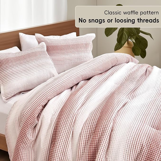 PHF Ultra Soft Yarn Dyed Waffle Weave Comforter Set King Size, 3 Pieces Lightweight Breathable Comfy Bedding Set, Comfy Textured 1 Comforter with 2 Pillow Shams, White and Brick