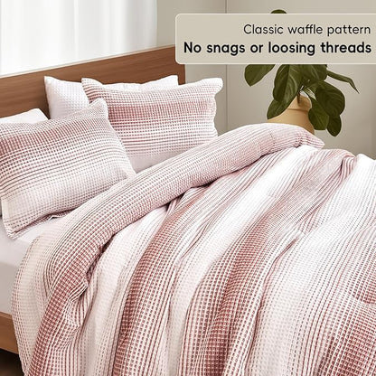 PHF Ultra Soft Yarn Dyed Waffle Weave Comforter Set King Size, 3 Pieces Lightweight Breathable Comfy Bedding Set, Comfy Textured 1 Comforter with 2 Pillow Shams, White and Brick