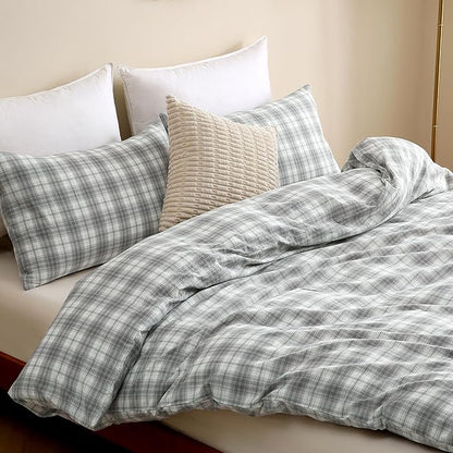 TOCOMOA Plaid Duvet Cover Set 100% Washed Cotton Like Linen Feel Super Soft Comfy 3 Piece Grey and Green Gingham Checkered Bedding Comforter Cover Set (King 104"x90", Comforter Not Included)