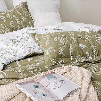 Bedsure Twin/Twin XL Duvet Cover - Reversible Olive Green Duvet Cover Set with Zipper Closure, 2 Pieces Cute Floral Patterned Bedding Set with 8 Corner Ties and 1 Pillow Sham