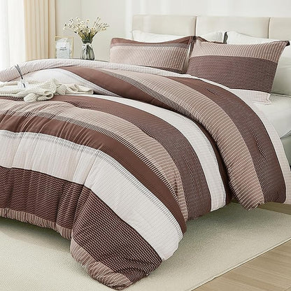 Litanika Brown Comforter Set Queen - 3 Pieces Lightweight Brown White Colorblock Stripe Fluffy Bedding Comforter Sets, All Season Bed Set