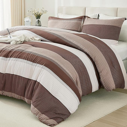 Litanika Brown Comforter Set Full - 3 Pieces Lightweight Brown White Colorblock Stripe Fluffy Bedding Comforter Sets, All Season Bed Set