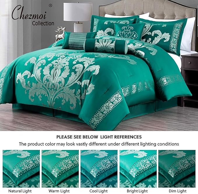 Chezmoi Collection 7-Piece Jacquard Floral Comforter Set (California King, Green/Silver)