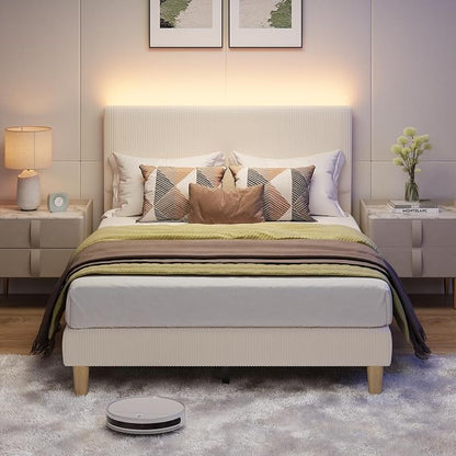 Bestier Full Bed Frame with Adjustable Headboard,LED Light,Beige | LED Lighting Headboard,Easy Assembly,No Squeaks,Vertical Channel Corduroy Upholstered,Wood Slats Support,No Box Spring Needed