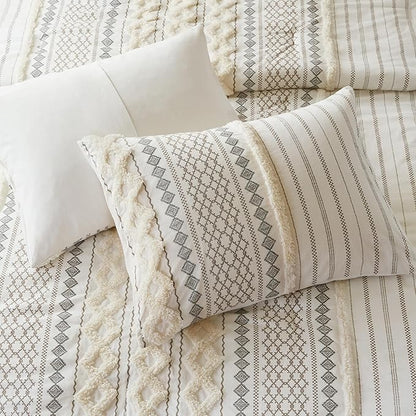 INK+IVY Comforter for Queen Size Bed, Chenille Tufted, Breathable Cotton Comforter Set Queen, All Season Modern Boho Comforter with Farmhouse Bedding Flare, 2 Matching Shams, Queen Ivory 3 Piece
