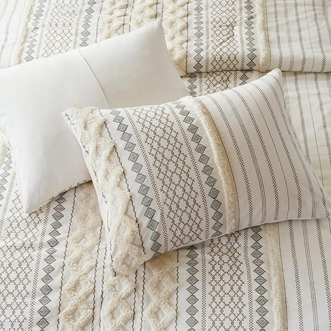 INK+IVY Imani 100% Cotton Duvet Mid Century Modern Design, All Season Comforter Cover Bedding Set, Matching Shams, King/Cal King, Ivory Chenille Tufted Accent 3 Piece