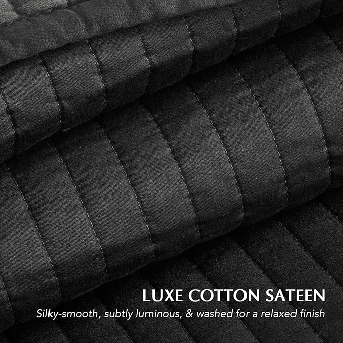 EVERGRACEHOME Cotton Sateen Quilt Set King Size, Pre-Washed Cotton Channel Stitch Coverlet Bedspread, 3 Pieces Lightweight Soft Bedding Sets for All Season, with 2 Pillow Shams, Washed Black