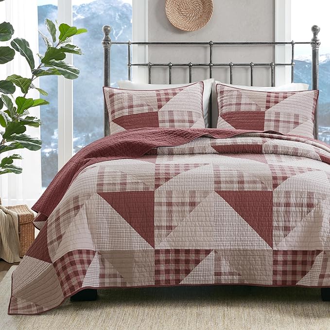 Woolrich Reversible Coverlet Set - Cottage Styling Reversed to Solid Color, All Season Lightweight Coverlet, Cozy Bedding Layer, Matching Shams, Oversized King/Cal King, Olsen Red | Reversible, Lightweight, All Season