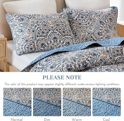 Comfort Spaces Valerie Boho Quilt Set King Blue - Soft Lightweight Bedding with Watercolor Medallion Design, Reversible All Season Quilt for Master Bedroom or Guest Room