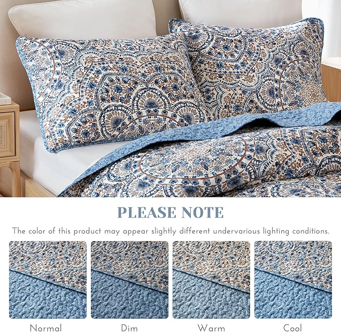 Comfort Spaces Valerie Boho Quilt Set Full/Queen Blue - Reversible Lightweight Bedding with Watercolor Medallion, Cozy All Season Quilt for Guest Room, Dorm, Teen or Adult Bed