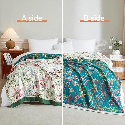 Boho Throw Blanket for Bed 80”x90”, 100% Cotton Woven Blanket for Couch Sofa, Ultra Soft 4-Layer Muslin Quilt with Floral Printed, Farmhouse Bed Blanket/Cover for Living Room Decor