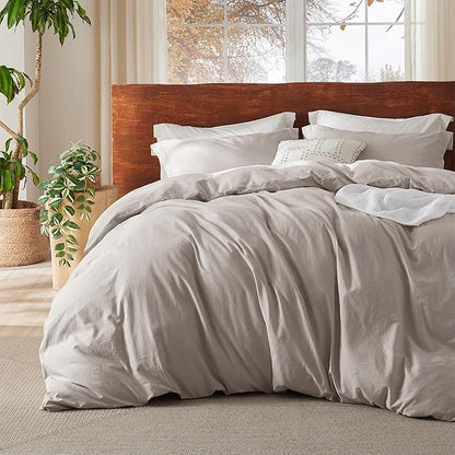 Bedsure 100% Washed Cotton Duvet Cover Cal King - Natural Minimalist Bedding Set Linen Like - PureWoven Plain Simple & Soft Comforter Cover for All Seasons (Natural, California King, 104"x98")