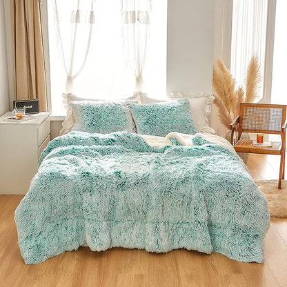 Luxury Faux Fur Shaggy Comforter Set Full/Queen Size, Plush & Sherpa Reversible Comforter Teal with White, 3-Piece Fluffy Fuzzy Bedding Set Ultra Soft and Warm for Winter (1 Comforter + 2 Pillowcases)
