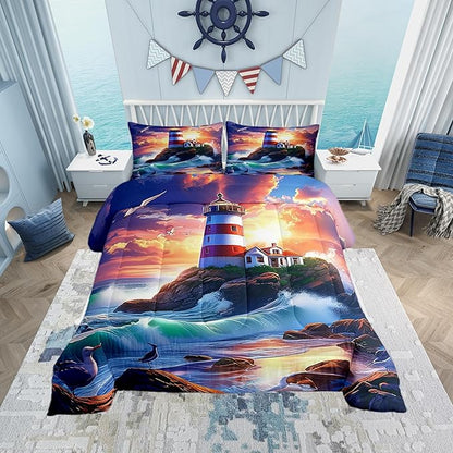 Castle Fairy 3D Lighthouse Comforter Set Twin Size Dreamy Sunset Sky Bedding Set Toddler Bedroom Decor Natural Coastal Scenery All Season Quilt Set Ocean Wave Bedding Comforter Sets,2Pcs