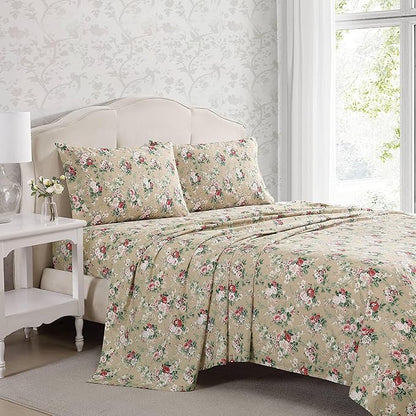 Laura Ashley - Twin Sheets, Cotton Percale Bedding Set, Lightweight & Breathable Home Decor (Ashfield Beige, Twin)