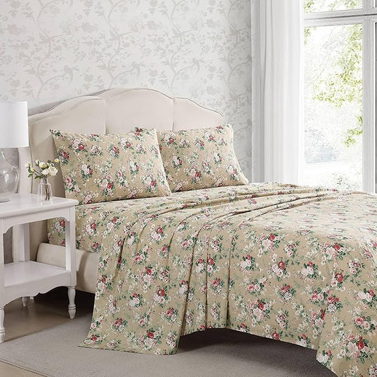 Laura Ashley - Queen Sheets, Cotton Percale Bedding Set, Lightweight & Breathable Home Decor (Ashfield Beige, Queen)