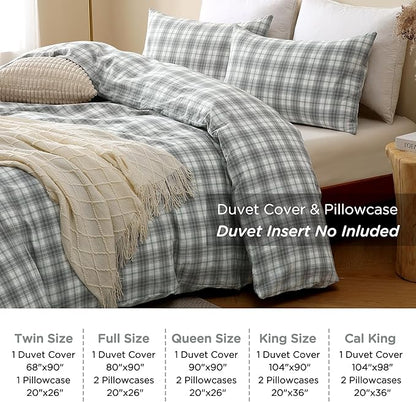 TOCOMOA Plaid Duvet Cover Set 100% Washed Cotton Like Linen Feel Super Soft Comfy 3 Piece Grey and Green Gingham Checkered Bedding Comforter Cover Set (King 104"x90", Comforter Not Included)