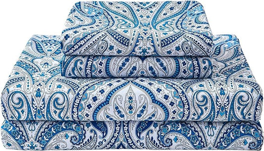 Softan Blue Paisley Printed Queen Size Sheet Set, Blue Floral Sheets Queen, Cozy Microfiber Fitted Sheet with 15" Deep Pocket & Non-Slip Straps, Flower Patterned Sheets & Pillowcase Sets