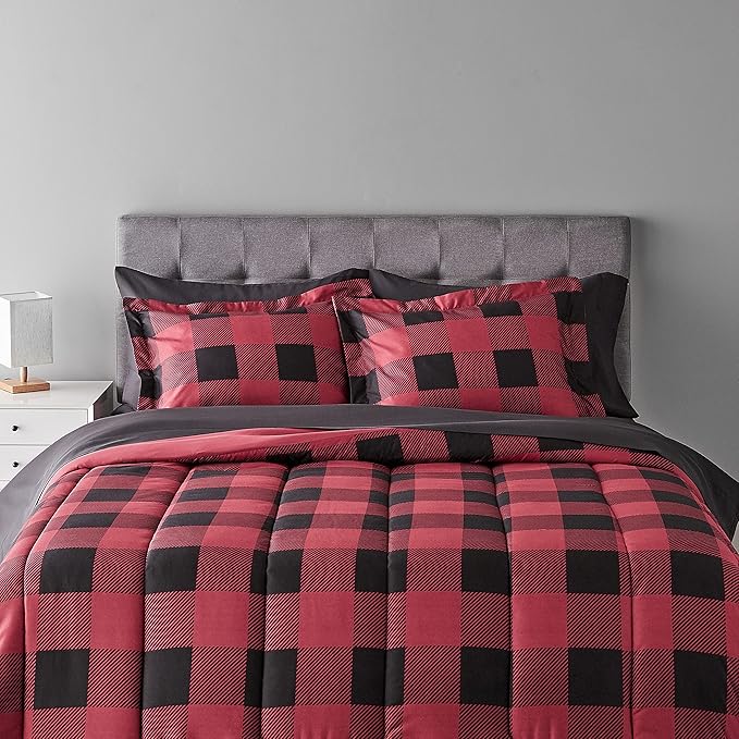 Amazon Basics Full/Queen Comforter Set with Sheets, 5-Piece Red Buffalo Plaid Bedding, Lightweight Microfiber Bed-in-a-Bag