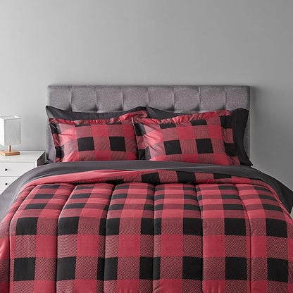 Amazon Basics Full/Queen Comforter Set with Sheets, 5-Piece Red Buffalo Plaid Bedding, Lightweight Microfiber Bed-in-a-Bag