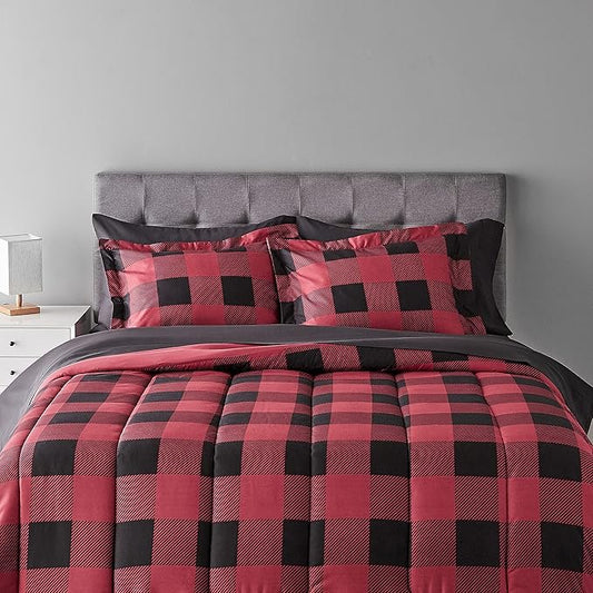 Amazon Basics Full/Queen Comforter Set with Sheets, 5-Piece Red Buffalo Plaid Bedding, Lightweight Microfiber Bed-in-a-Bag
