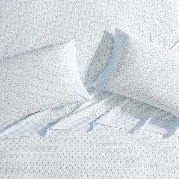 Laura Ashley - Sheet Set, Breathable Percale Cotton Bedding, 200 Thread Count, Deep Pocket, Chic Home Decor (Kate Blue, Queen)