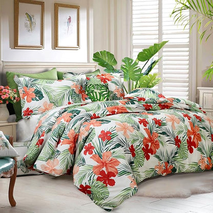 FADFAY Tropical Red Hibiscus Palm Leaves Duvet Cover Set Super Soft Summer Bedding 100% Cotton Soft with Hidden Zipper Closure Queen Size 3-Pieces
