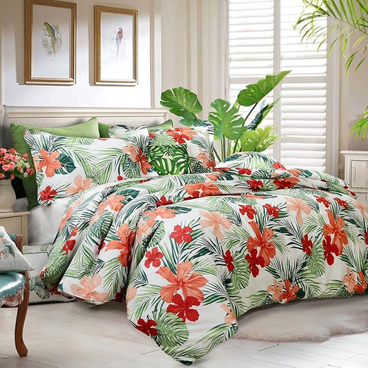 FADFAY Tropical Red Hibiscus Palm Leaves Duvet Cover Set Super Soft Summer Bedding 100% Cotton Soft with Hidden Zipper Closure Queen Size 3-Pieces