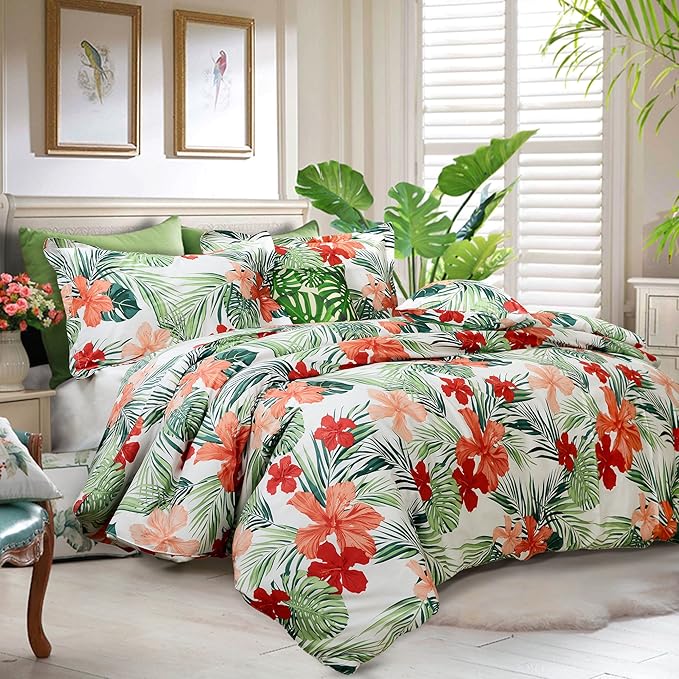 FADFAY Green Duvet Cover 100% Cotton Tropical Bedding Red Hibiscus Flower & Forest Green Palm Leaves Plants Watercolor Printed Zipper Closure Soft Breathable Girls Floral Bedding Set 3 Pcs, Full