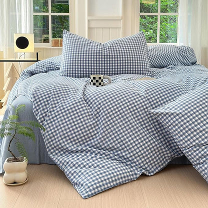 LifeTB Blue Gingham Comforter Set Full Size Modern Checkered Plaid Comforter Set 3 Pieces Blue Grid Bed Comforter with 2 Pillowcases Soft Fluffy Farmhouse Grid Plaid Bedding Set for All Seasons